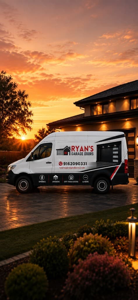 Ryan's Garage Doors service van at a Sacramento home at sunset