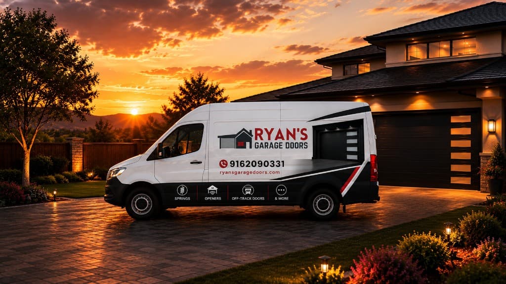 Ryan's Garage Doors service van at a Sacramento home at sunset