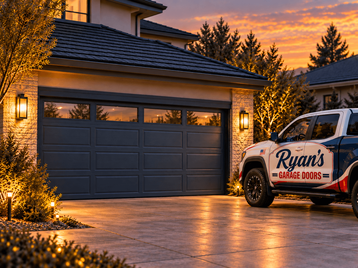 Ryan's Garage Doors truck parked beside a dark garage door at sunset
