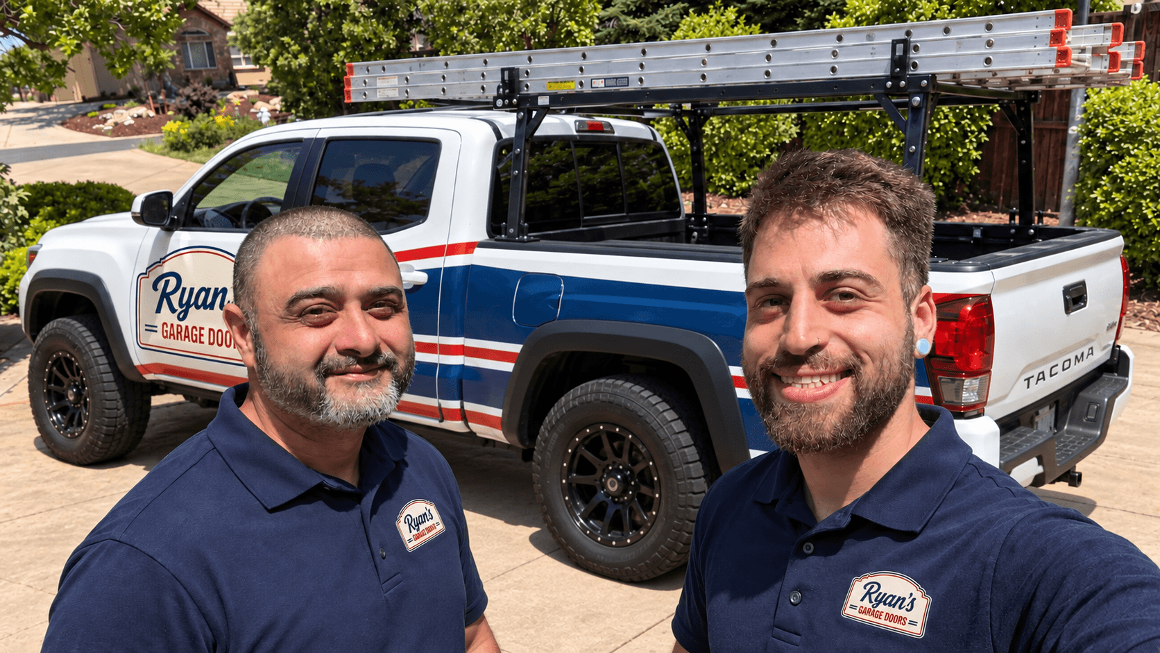 Ryan's Garage Doors technicians with their service truck in Sacramento